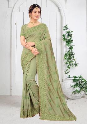 Pista Embroidered Silk Saree Set