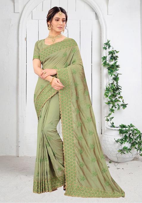 Pista Embroidered Silk Saree Set