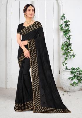 Black Embroidered Silk Saree Set