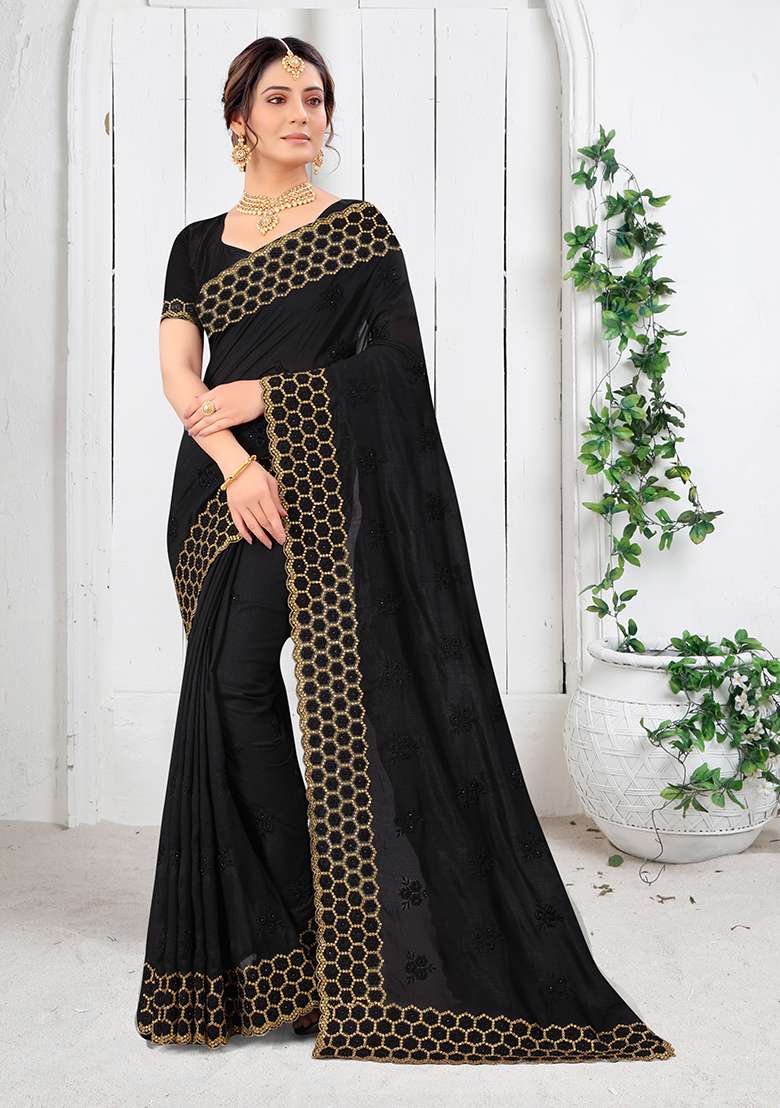 Black Embroidered Silk Blend Saree Set for Diwali and Festive Wear - Indya