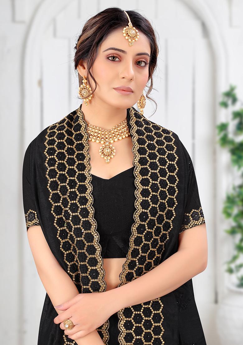Black Embroidered Silk Saree Set - Indya