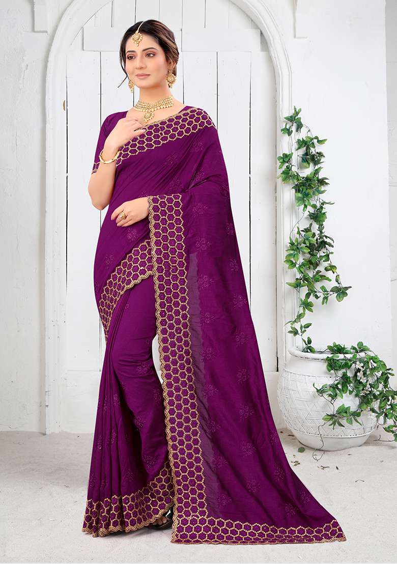 Wine Silk Blend Saree Set with Embroidered for Diwali | Wedding & Festive Wear - Indya