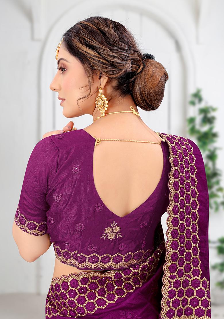 Wine Embroidered Silk Saree Set - Indya