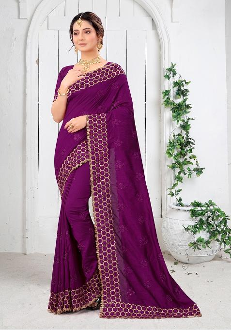Wine Embroidered Silk Saree Set