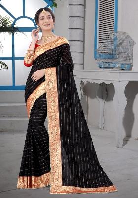 Black Embroidered Silk Saree Set