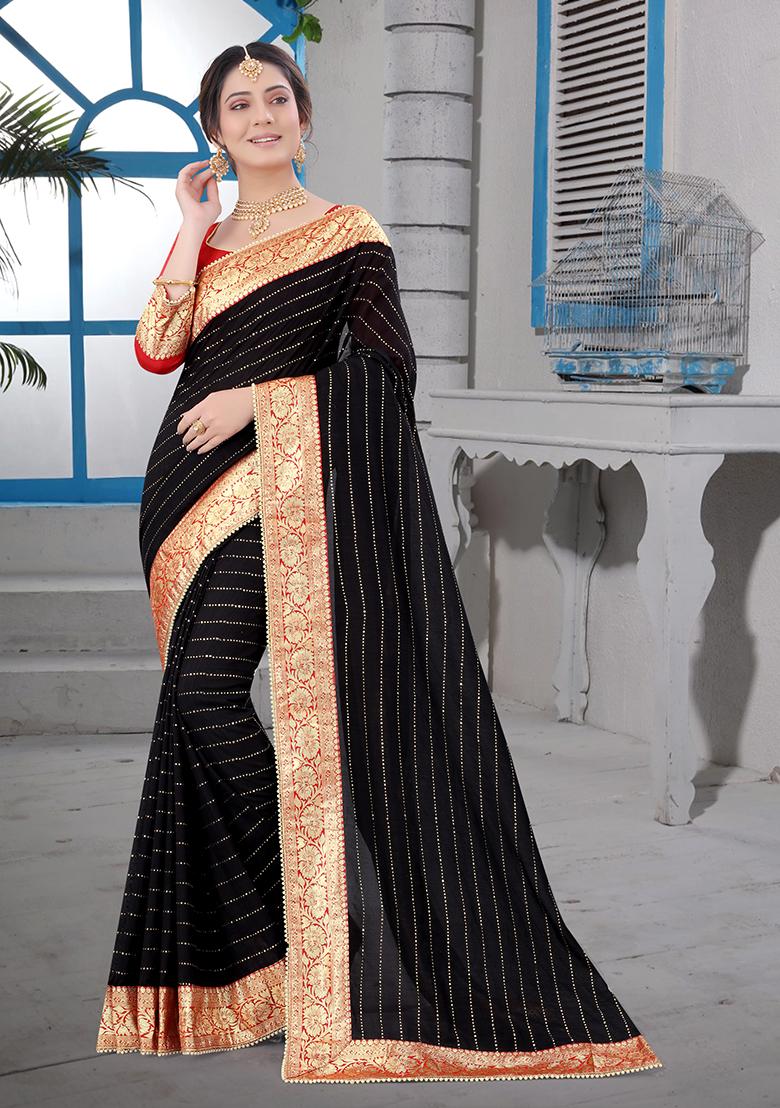 Black Embroidered Silk Saree Set - Indya