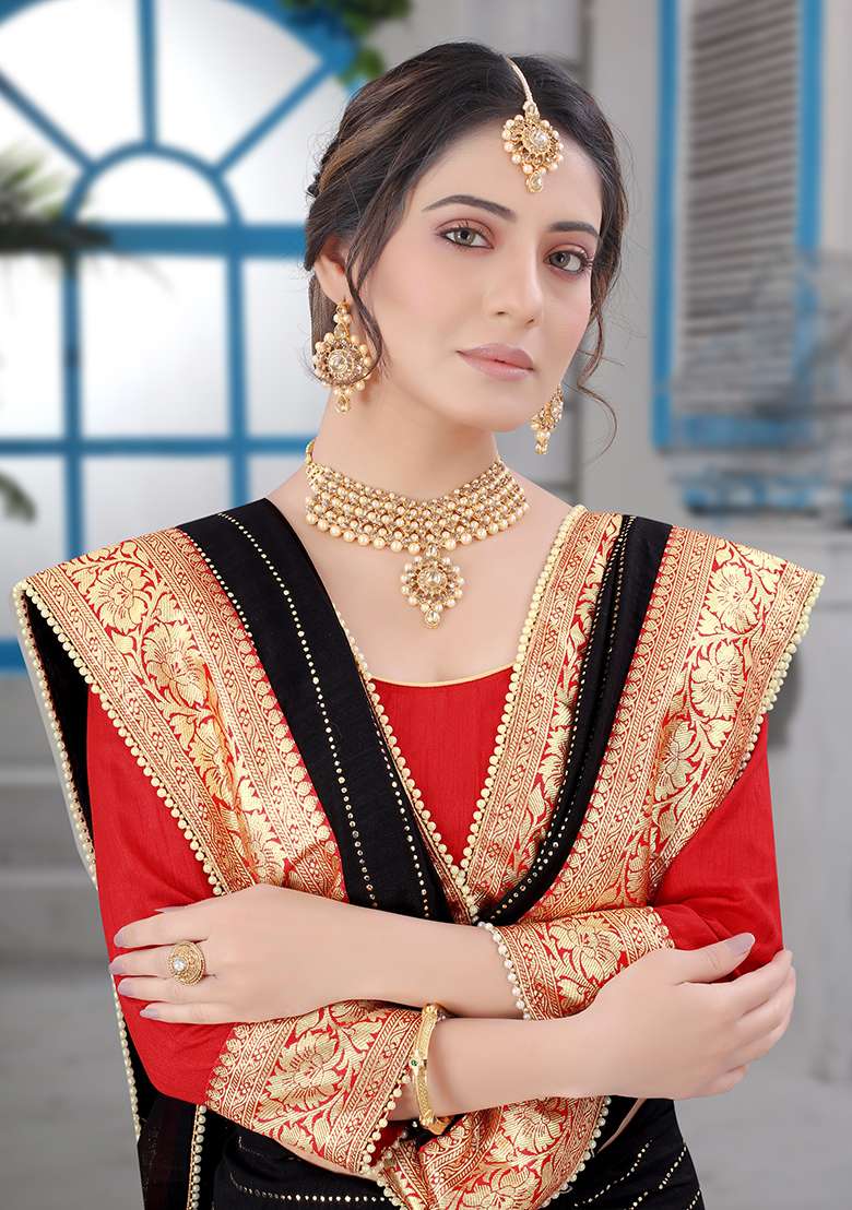 Black Silk Blend Saree Set with Embroidered for Diwali | Wedding & Festive Wear - Indya