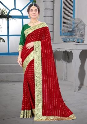Red Embroidered Silk Saree Set