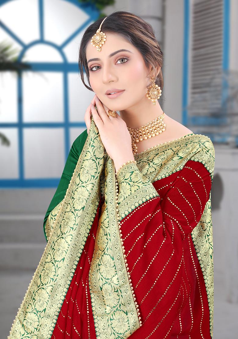 Red Embroidered Silk Saree Set - Indya