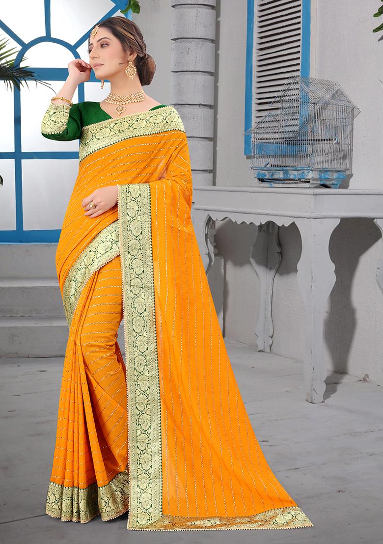 Mustard Embroidered Silk Saree Set
