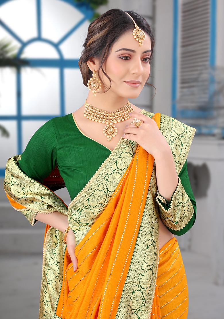 Mustard Embroidered Silk Saree Set - Indya