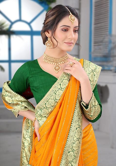 Mustard Embroidered Silk Saree Set