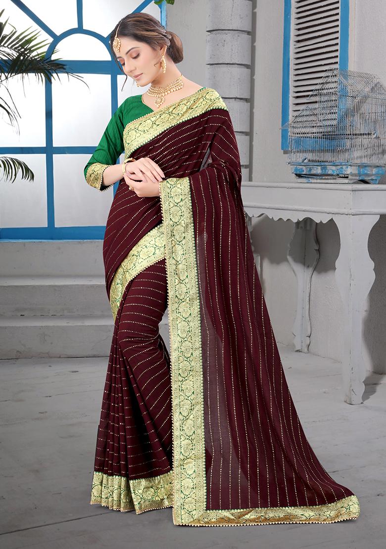 Coffee Embroidered Silk Saree Set - Indya