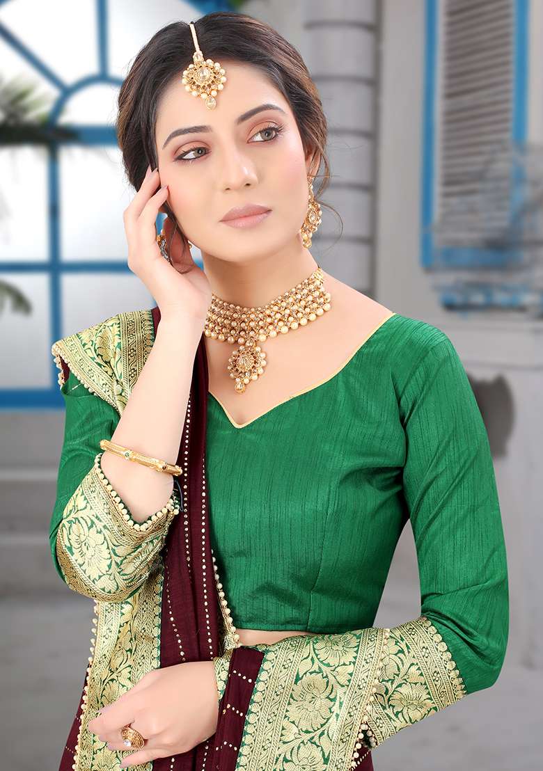 Coffee Silk Blend Saree Set with Embroidered for Diwali | Wedding & Festive Wear - Indya