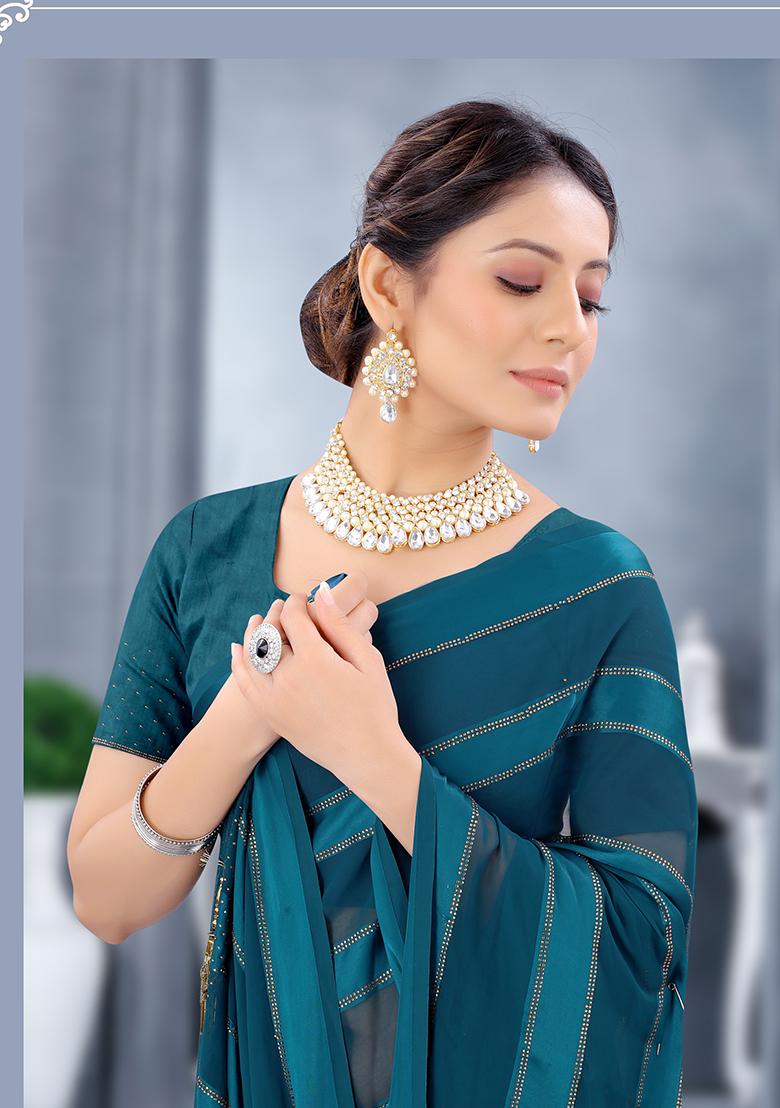 Blue Embroidered Georgette Saree Set - Indya