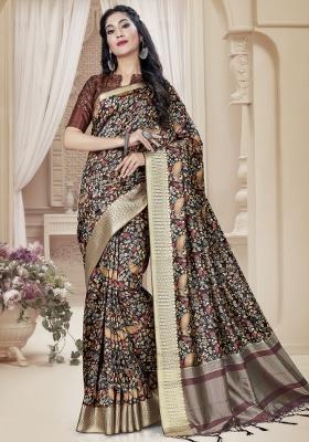 Black Embroidered Silk Saree Set
