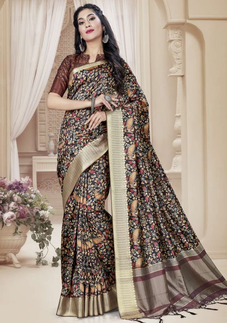 Black Embroidered Silk Blend Saree Set for Diwali and Festive Wear - Indya