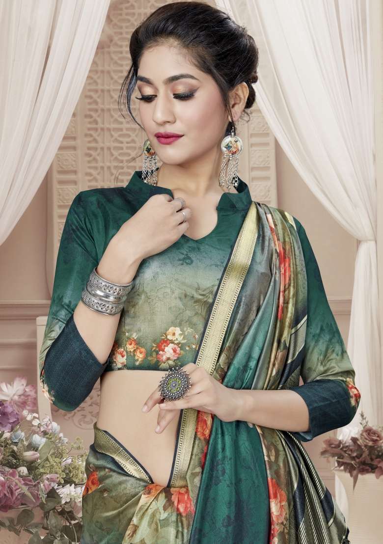 Rama Silk Blend Saree Set with Embroidered for Diwali | Wedding & Festive Wear - Indya