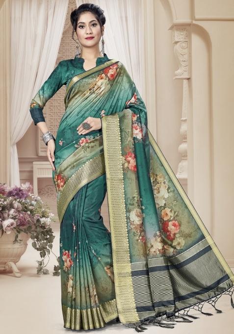 Rama Embroidered Silk Saree Set