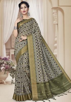Mehandi Embroidered Silk Saree Set