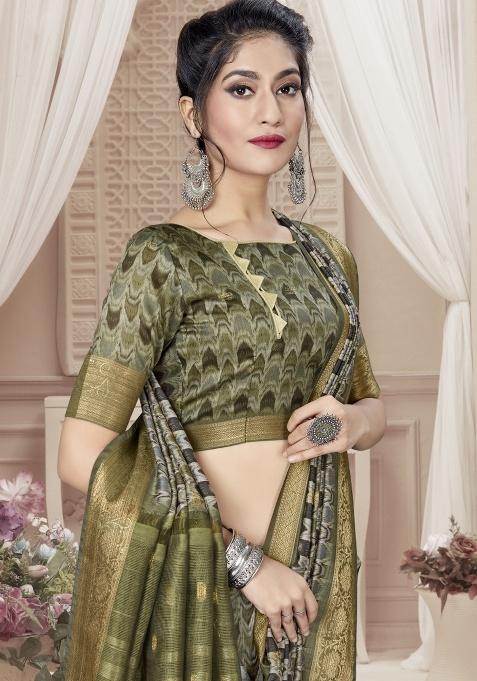 Mehandi Embroidered Silk Saree Set