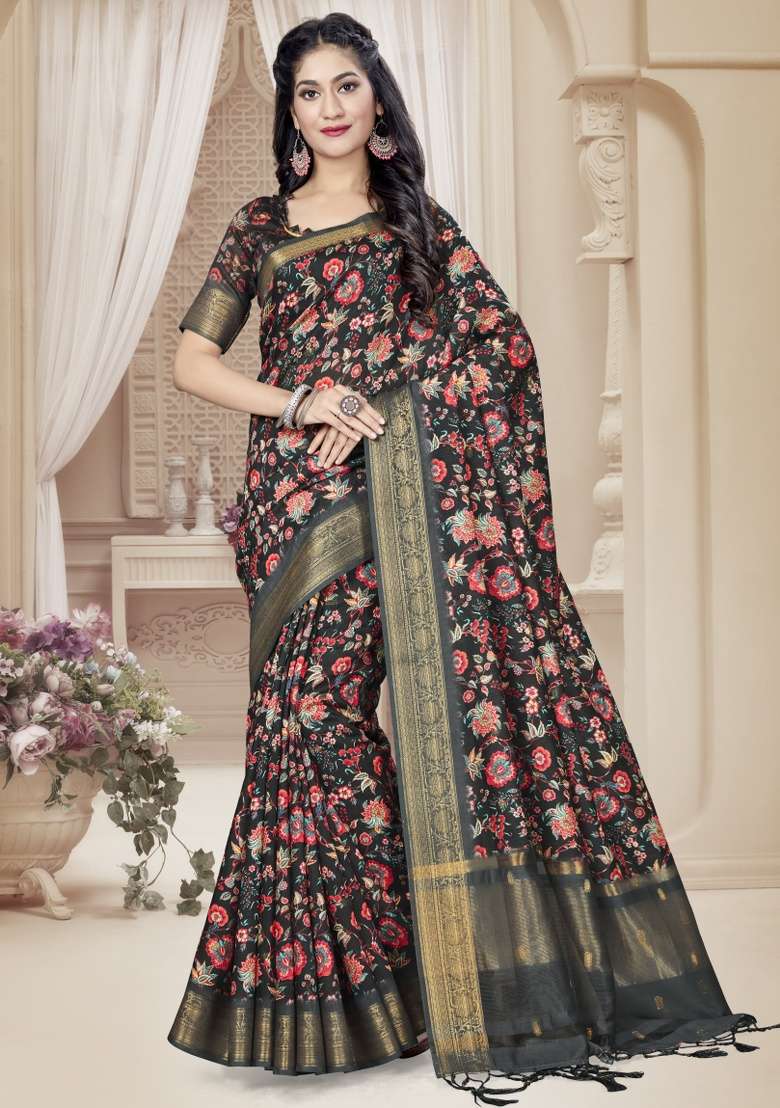 Black Silk Blend Saree Set with Embroidered for Diwali | Wedding & Festive Wear - Indya