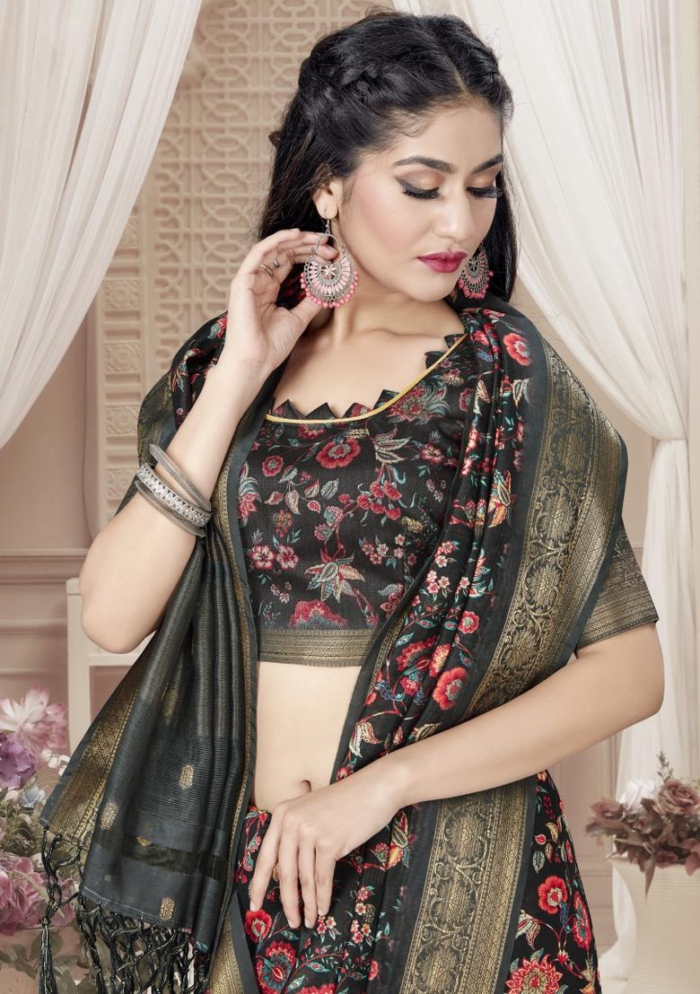 Black Embroidered Silk Saree Set - Indya