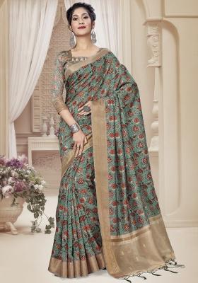Rama Embroidered Silk Saree Set