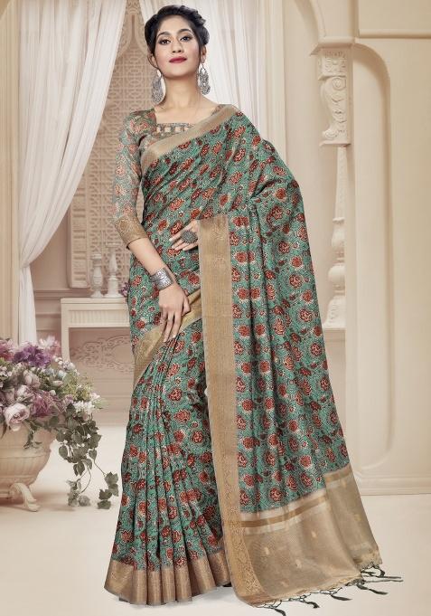 Rama Embroidered Silk Saree Set