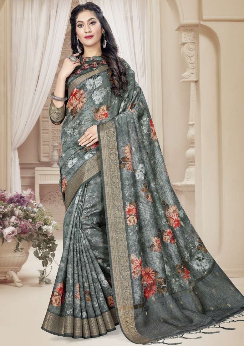 Grey Embroidered Silk Blend Saree Set for Diwali and Festive Wear - Indya