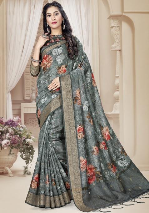 Grey Embroidered Silk Saree Set
