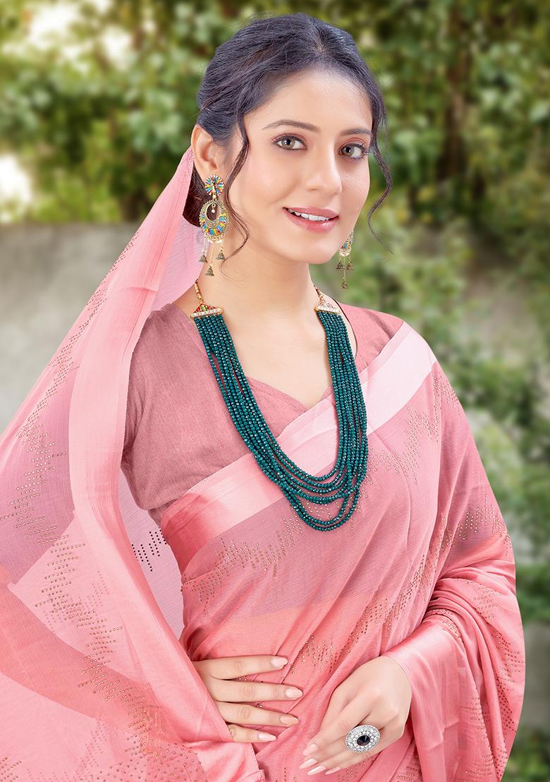 Dusty Pink Embroidered Chiffon Saree Set - Indya