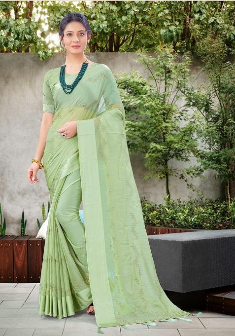 Pista Embroidered Chiffon Saree Set