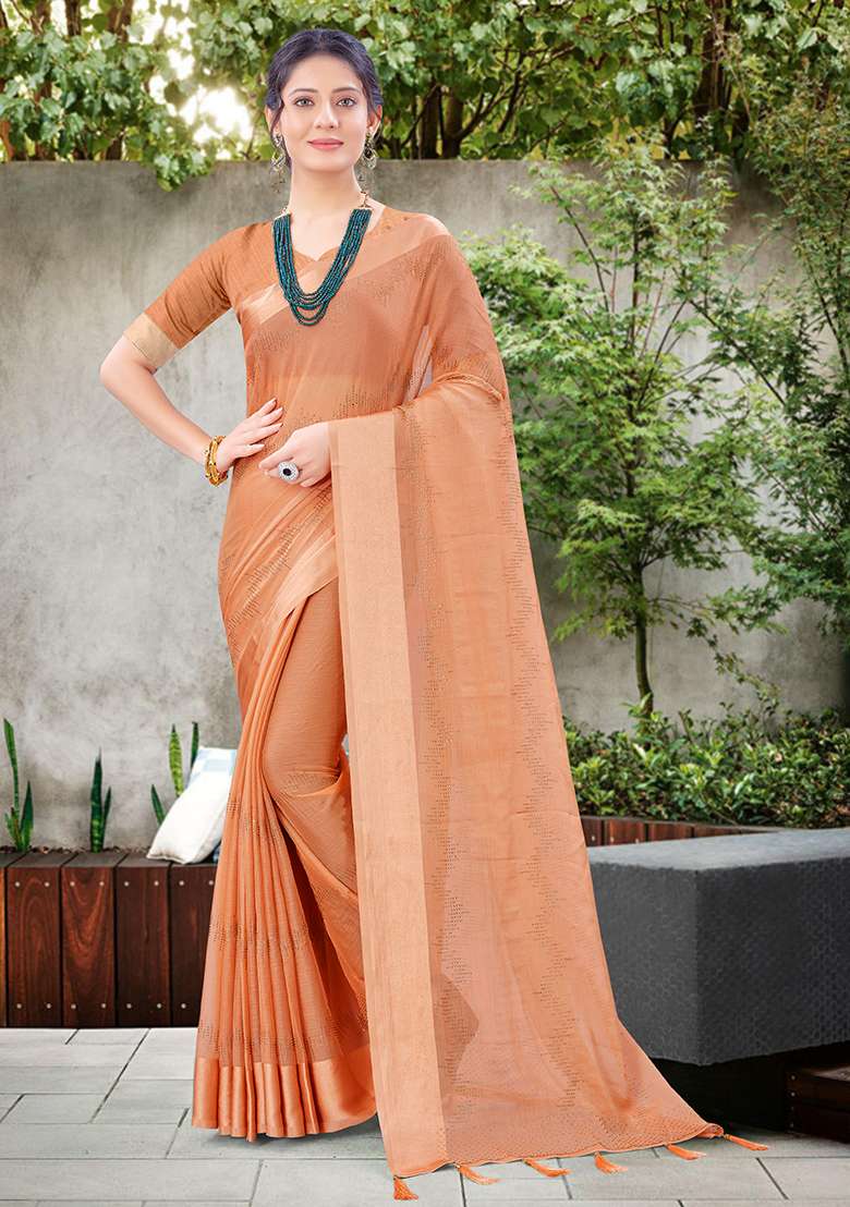 Dusty Peach Chiffon Saree Set with Embroidered for Diwali | Wedding & Festive Wear - Indya