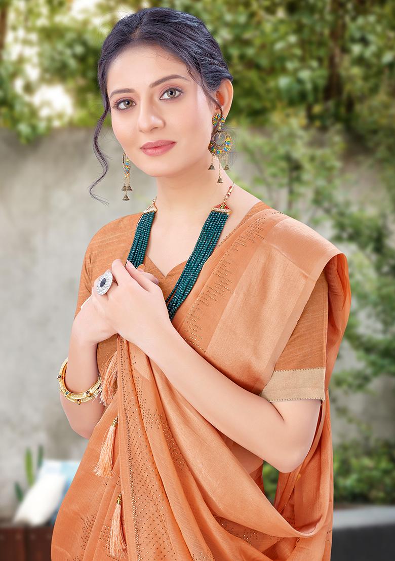 Dusty Peach Embroidered Chiffon Saree Set - Indya