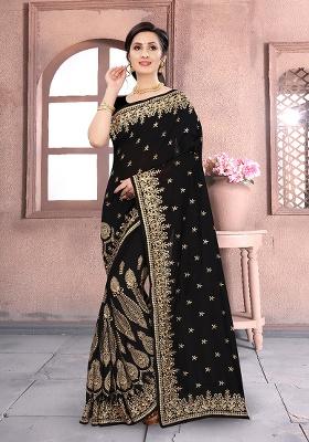 Black Embroidered Silk Saree Set