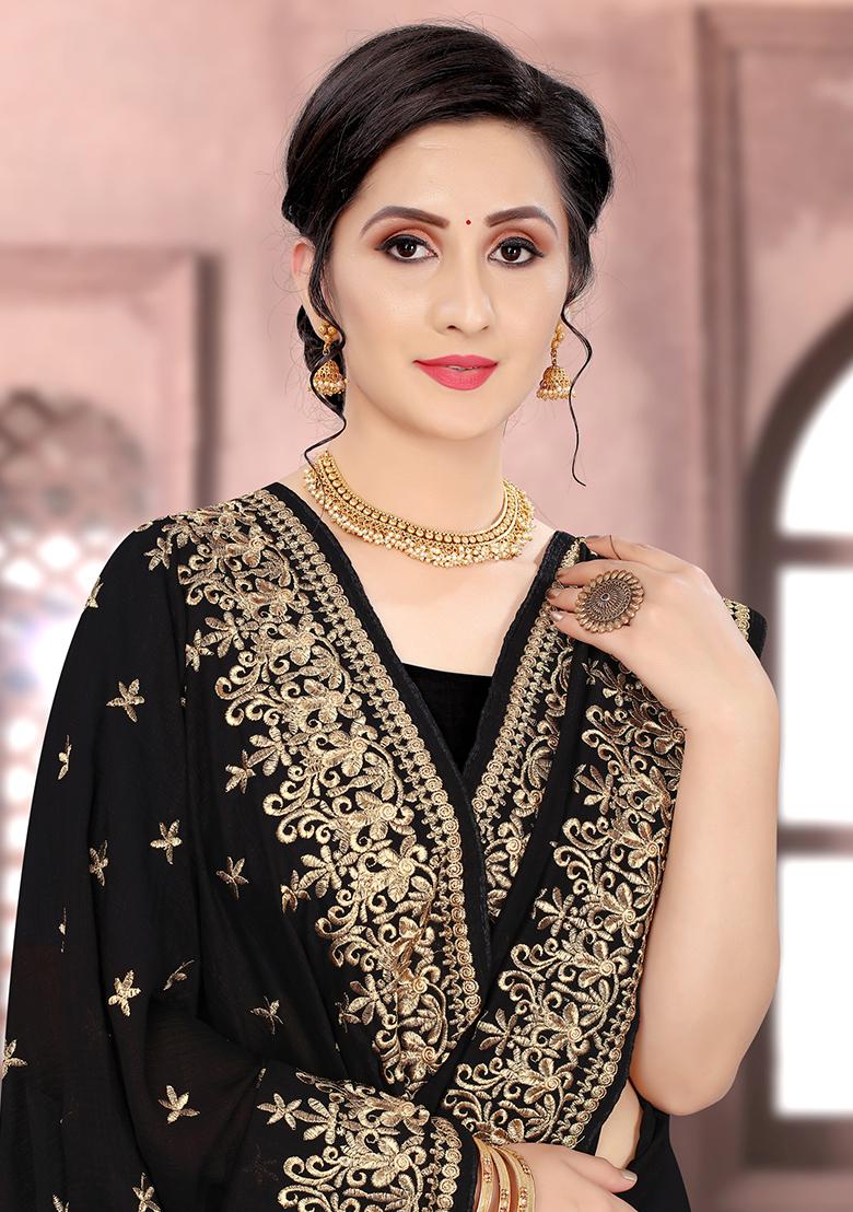 Black Embroidered Silk Saree Set - Indya