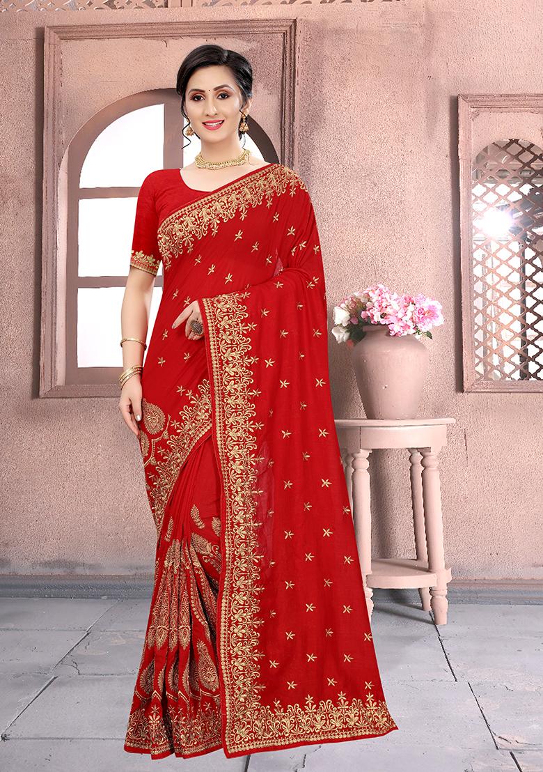 Red Embroidered Silk Saree Set