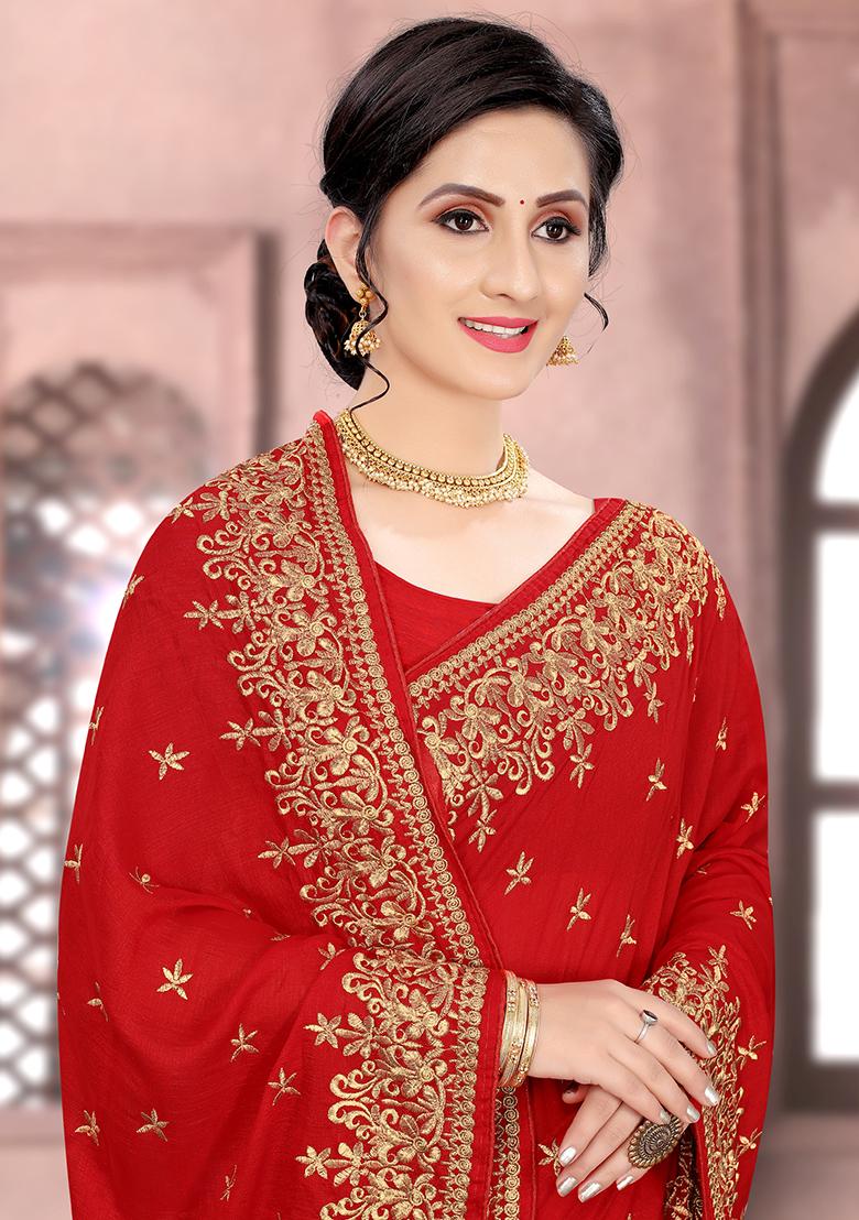 Red Embroidered Silk Saree Set - Indya