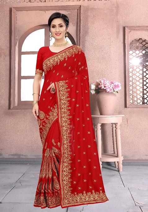 Red Embroidered Silk Saree Set
