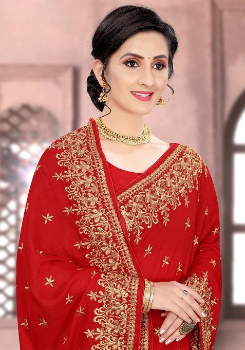 Red Embroidered Silk Saree Set