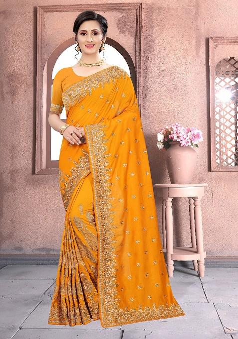 Mustard Embroidered Silk Saree Set
