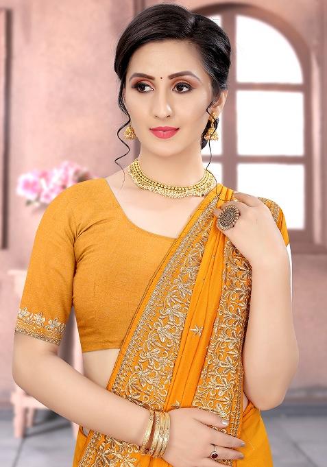 Mustard Embroidered Silk Saree Set
