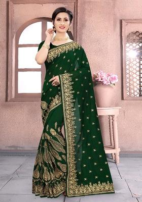 Botel Green Embroidered Silk Saree Set