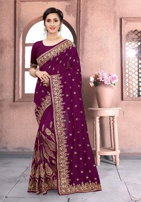 Wine Embroidered Silk Saree Set