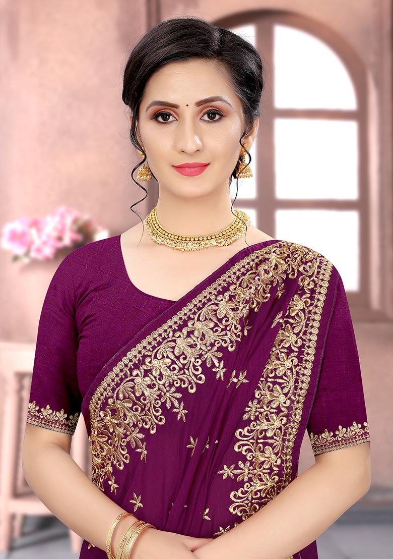 Wine Embroidered Silk Saree Set - Indya