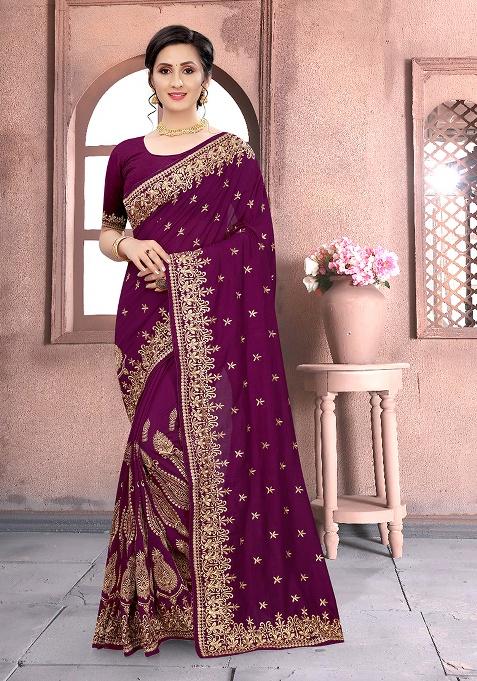 Wine Embroidered Silk Saree Set