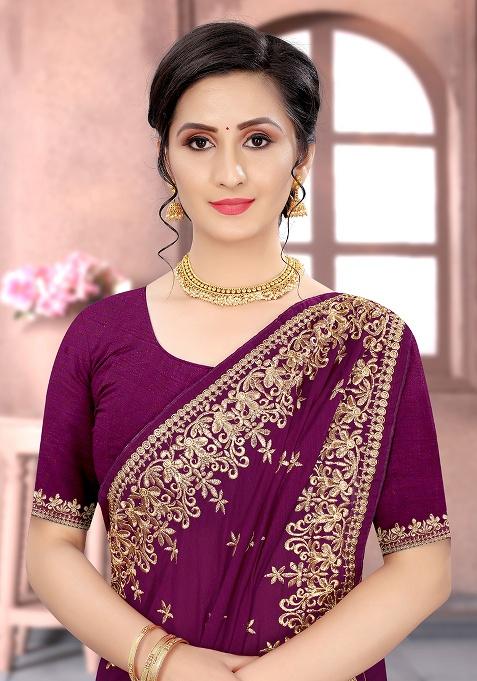 Wine Embroidered Silk Saree Set
