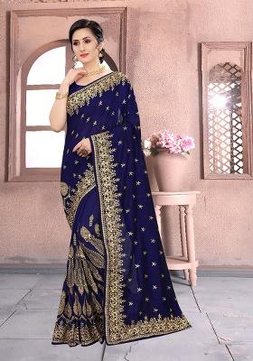 Navy Embroidered Silk Saree Set