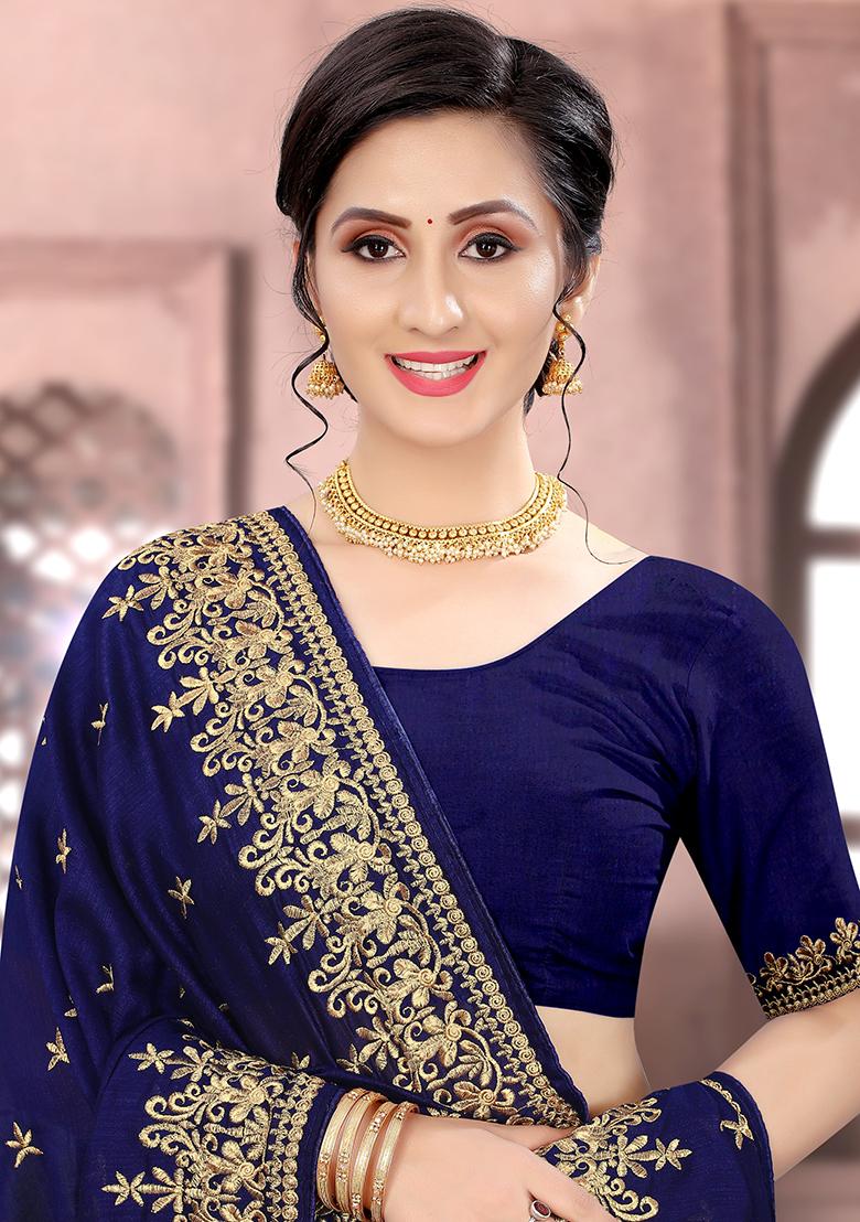 Navy Embroidered Silk Saree Set - Indya